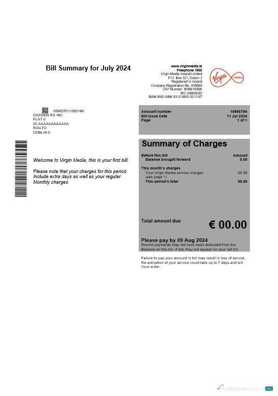 Ireland Virgin Media business utility bill template editable in Word and PDF, version 1